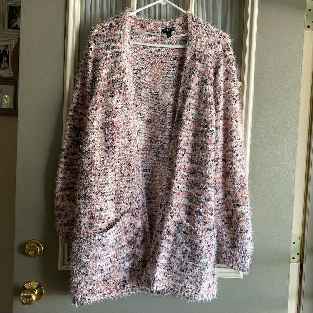 Torrid Pink and White Confetti Knit Fuzzy Cardigan